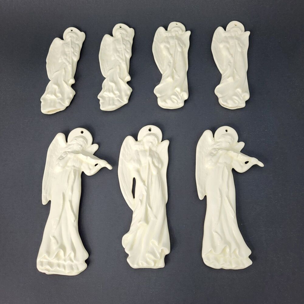 Bisque Porcelain Angel Ornaments SET OF 7 Playing Trumpet Violin Flat Ceramic